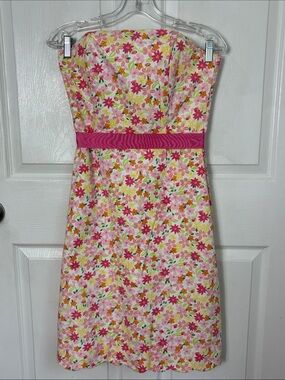 Lilly Pulitzer Pink Floral Strapless Sundress with Ribbon Waist Size 6 Cotton